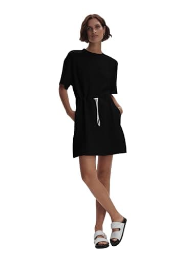 COCOMARTS Dresses for Women Summer Short Sleeve Crew Neck Sweatshirt Dress Drawstring Waist Tunic Tops Mini Vacation Sundress Black Medium - Thumbnail 5