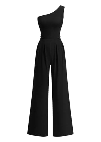 KIRUNDO One Piece Jumpsuits For Women Dressy 2026 Sleeveless One Shoulder Ribbed Wide Leg Rompers With Pockets Summer Outfits(Black, Large) - Image 1