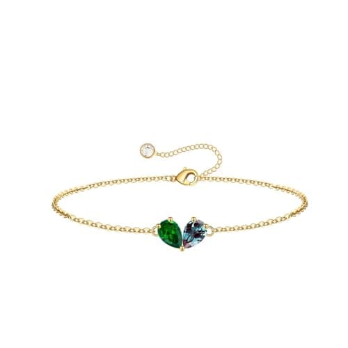 Turandoss May June Birthstone Bracelet for Women - Created Emerald, Alexandrite Bracelet Pear Birthstone Bracelets for Women, 14K Dainty Gold Plated Bracelets for Women Girls Jewelry Gifts - Image 1