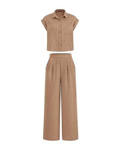 PRETTYGARDEN Womens 2 Piece sets Summer Cap Sleeve Tops Palazzo Pants Dressy Casual Vacation Travel Outfits Tracksuits(Dark Khaki,Medium) - Image 1