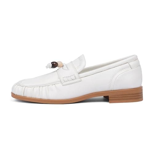 VIUGJNEX Women's Loafers & Slip-ons Beaded White Penny Loafers for Women Slip on Ruched Toe Moccasins Flats Shoes Women Dressy Comfortable Walking Casual Business Shoes Size 8.5 - Image 1
