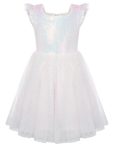 GRACE KARIN Girls Party Sequin Dress Size 8, Kids Birthday Dance Formal Sparkly Dresses, Wedding Flower Girl Dress White - Image 1