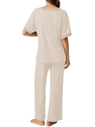 GKBK Womens Two Piece Outfits Pajama Sets 3/4 Dolman Sleeve V Neck Sleepwear Nightwear Loungewear Matching Pjs 2 Piece Lounge Set Lounging Pullover Top and Wide Leg Pants Trendy Outfits Beige M - Thumbnail 3