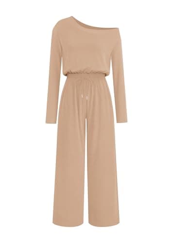 Lazysmile Jumpsuits For Women Dressy Long Sleeve Off Shoulder One Piece Wide Legs Rompers Casual Fall Outfits with Pockets - Image 1