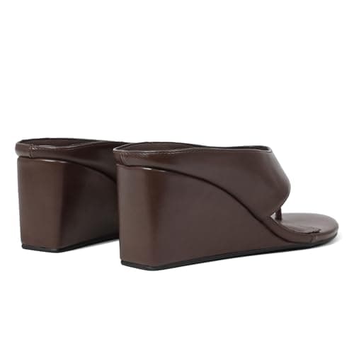 AMINUGAL Brown Wedge Sandals for Women Trendy Dressy Summer Chocolate Wedges Heels Chunky Heel Open Round Toe Tan Womens flip flops slides Cute Beach Slip On Thong Sandals for Ladies Y2K Size 8.5 - Thumbnail 5
