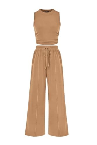 PRETTYGARDEN 2 Piece Sets for Women Summer Casual 2025 Spring Sleeveless Tank Ribbed Travel Vacation Lounge Wear Outfits (Camel,Large) - Image 1