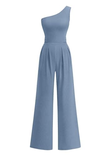KIRUNDO One Piece Jumpsuits For Women Dressy 2026 Sleeveless One Shoulder Ribbed Wide Leg Rompers With Pockets Summer Outfits(Dusty Blue, X-Large) - Image 1