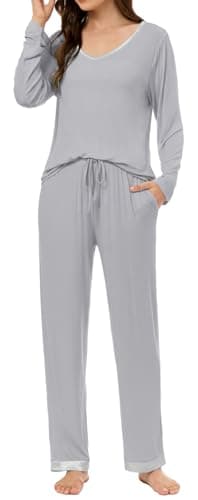 LUBOT Bamboo Viscose Pajamas for Women Soft Breathable Cooling Womens Pajama Set Two Piece PJ Sets Long Sleeve Pants Loungewear Nightwear Sleepwear (Light Gray,XL) - Image 1
