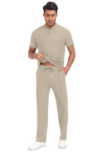 PrinStory Men's Short Sleeve Outfits Waffle Knit Henley Shirt and Pants Set Casual 2 Pieces Summer Tracksuits with Pockets Oatmeal-2XL - Thumbnail 5