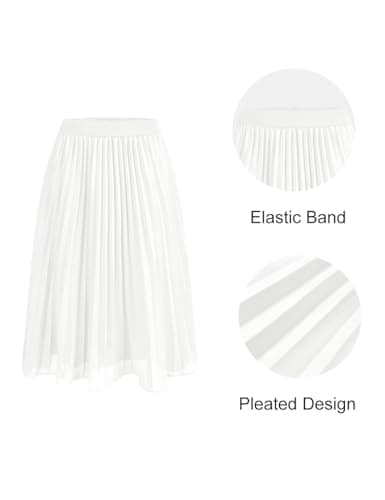 SLOWCOLIN Women's Midi Skirt Elastic High Waist Pleated Skirt Knee Length Swing A-Line Casual Flowy Skirts 2025 White,XL - Thumbnail 5