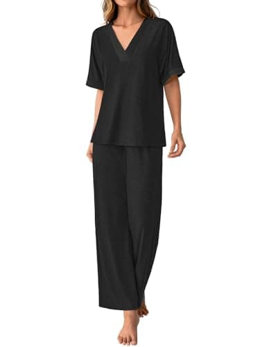 GKBK Womens Two Piece Outfits Pajama Sets 3/4 Dolman Sleeve V Neck Sleepwear Nightwear Loungewear Matching Pjs 2 Piece Lounge Set Lightweight Loose Sweatsuit Fall Fashion Ooutfit Black S - Thumbnail 5