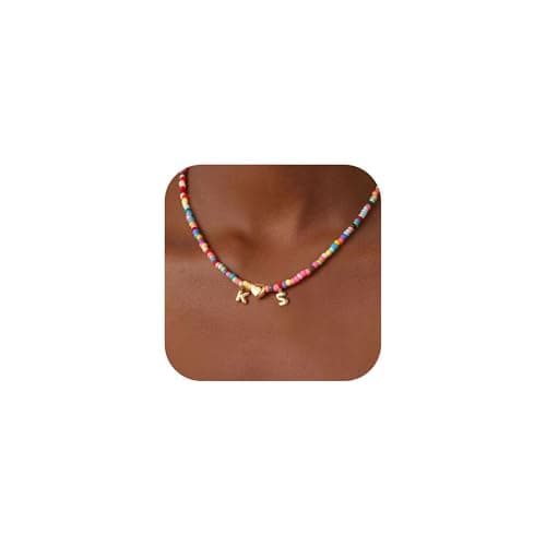 Turandoss Colorful Beaded Heart Initial Necklaces - 14K Gold Plated Heart Initial Pendant Dainty Letter K S Choker Necklaces for Women Wife Sister Jewelry Personalized Birthday Gifts - Image 1
