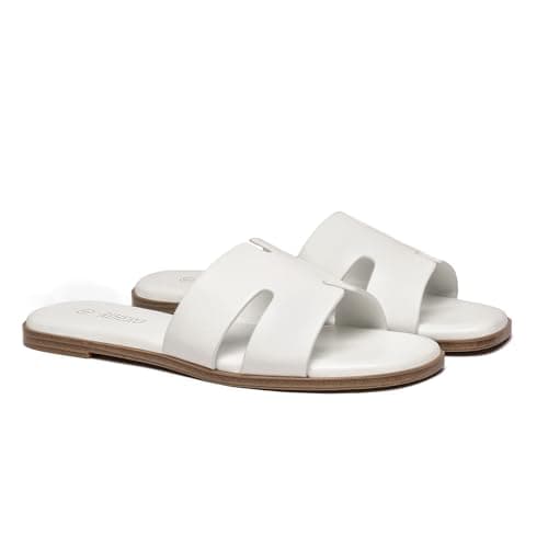 Rihero Women's Dressy Flat Sandals Comfortable Slip On Leather Slide White Sandals Size 7.5 - Thumbnail 6