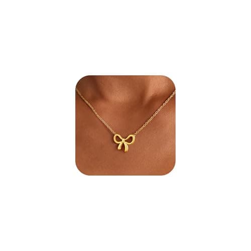 Fimhut Gold Necklace for Women Girls Easter Basket Stuffers - 18K Gold Plated Dainty Necklace Cute Small Tiny Bow Pendant Choker Chain Necklaces Trendy Necklaces for Women Girls Teenage - Image 1