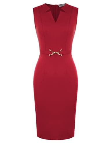 GRACE KARIN Work Dresses for Women 2026,V Neck Business Office Bodyon Dress,Sleeveless Pencil Semi Formal Midi Dress Red L - Image 1