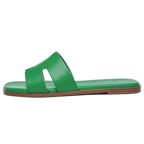 Rihero Women's Dressy Slides Sandals Comfortable Slip On Square Toe Flat Green Sandals Size 8 - Thumbnail 4