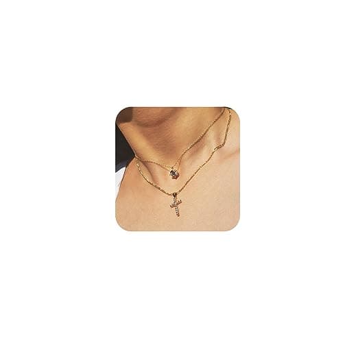 MONOZO Cross Necklace for Women, 14K Gold Plated Layered Cross Necklace Dainty Diamond Cross Pendant Necklace Gold Cross Necklaces for Women Trendy Gold Jewelry for Women - Image 1