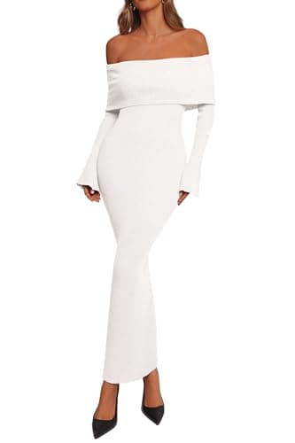 dowerme Women's Off The Shoulder Sweater Dress 2026 Formal Long Sleeve Bodycon Maxi Wedding Guest Dresses Spring Outfits(White,Large) - Image 1