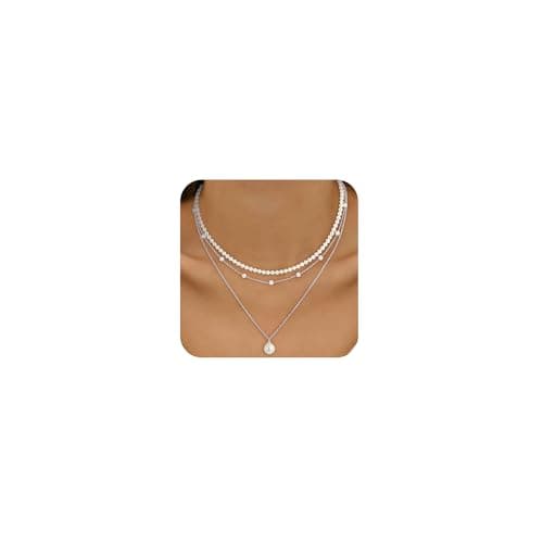 Fezodo Pearl Necklaces for Women Trendy, Dainty Silver Pearl Necklace Simple Layered Pearls Choker Necklace Stack Cute Pearls Wedding Bridal Jewelry Silver Layered Necklaces for Women Jewelry Gifts - Image 1
