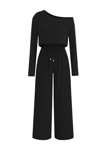 Lazysmile Jumpsuits For Women Dressy Long Sleeve Off Shoulder One Piece Wide Legs Rompers Casual Fall Outfits with Pockets - Image 1