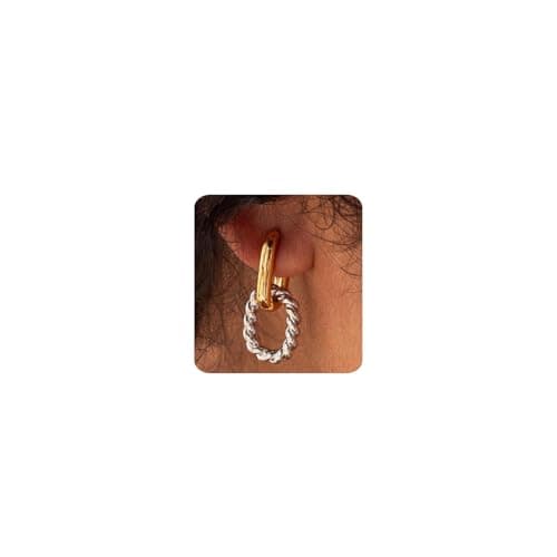 MUMREUES Gold Earrings for Women 14K Gold Plated Mixed Metal Paperclip Hoop Dangle Earring Trendy Two-Toned Drop Earrings Jewelry Gift for Her - Image 1