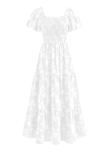 PRETTYGARDEN Women's 2026 Summer Boho Maxi Dresses Floral Short Sleeve Square Neck Smocked Flowy Long Dress Vacation Outfits (White,Small) - Image 1