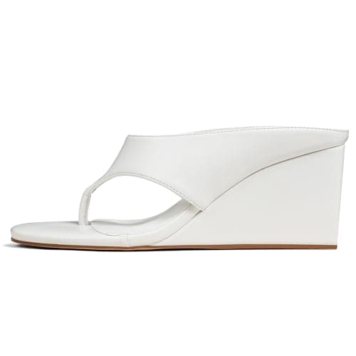 AMINUGAL White Wedge Sandals for Women Trendy Dressy Summer Wedges Heels for Women Chunky Heel Open Round Toe Womens flip flops slides Cute Beach Slip On Thong Sandals for Ladies Y2K Size 9.5 - Image 1
