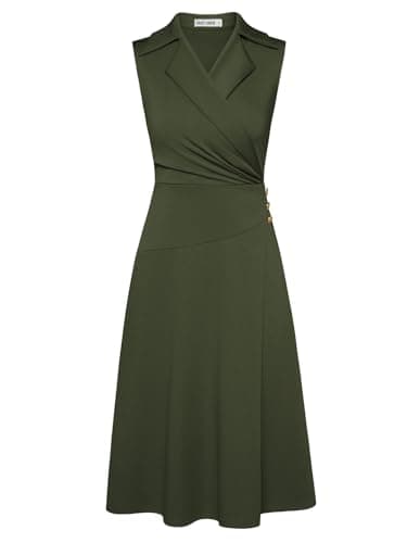 GRACE KARIN Women Summer Sleeveless A Line Midi Dress Business Work Ruched Wrap V Neck Dress Army Green L - Image 1