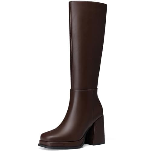 CELLENZ Women Knee High Boots: Trendy Boots with Side Zipper - Platform Block Knee Boot Womens - Brown Leather Fall Knee High Boot Trip Size 6 - Image 1