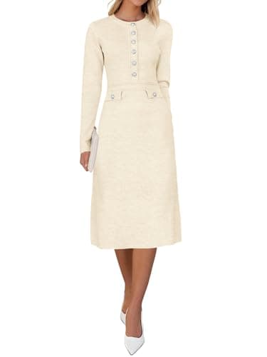 Saodimallsu Women's Fall Long Sleeve Sweater Dress Knit Bodycon Crew Neck Button Decor. Elegant Formal Midi Dresses Apricot - Image 1