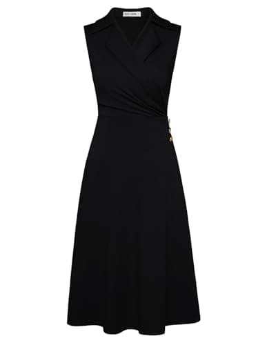 GRACE KARIN Black Dress for Women Ruched Wrap V Neck Dress Business Work Dress Sleeveless A Line Midi Dress L - Image 1