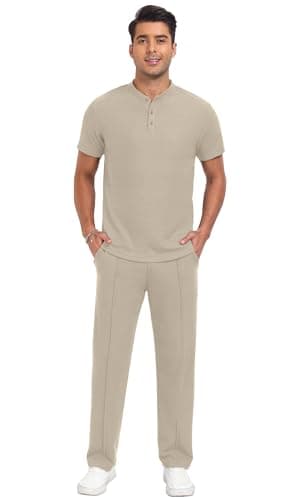 PrinStory Men's Short Sleeve Outfits Waffle Knit Henley Shirt and Pants Set Casual 2 Pieces Summer Tracksuits with Pockets Oatmeal-2XL - Thumbnail 2