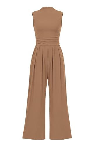 PRETTYGARDEN Womens Summer Jumpsuits Dressy Casual One Piece Outfits Sleeveless Mock Neck Wide Leg Pants Rompers with Pockets (Camel,Large) - Image 1