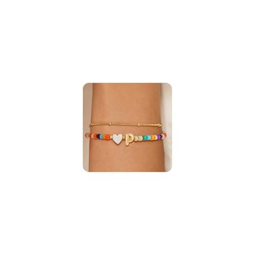 Eaciy Colorful Initial Bracelets for Women - 14K Gold Plated Heart Initial Letter Daint P Charm Bracelet Summer Jewelry Gifts - Image 1