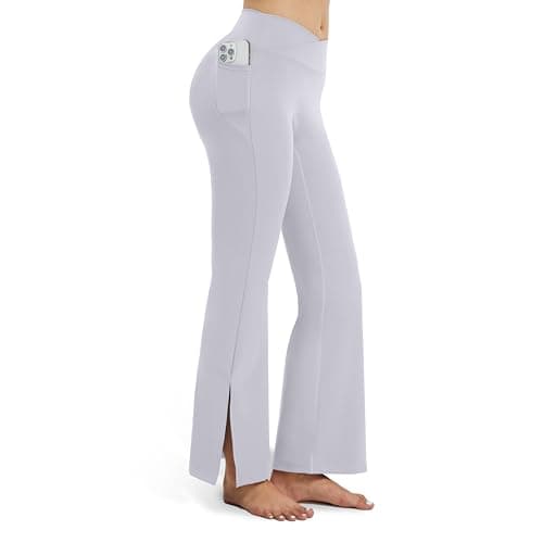 AMLEER Women's V Waist Side Split Wide Leg Yoga Leggings - High Waisted Crossover Stretchy Workout Flare Yoga Pants（Lavender, Large - Image 1