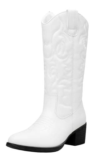 Vepose Women's Cowboy Boots Western Cowgirl Round Toe Mid Calf Boots,White,Size 7.5M US(CJY9801 White 07.5) - Image 1