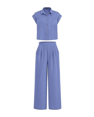 PRETTYGARDEN Womens 2 Piece sets Summer Cap Sleeve Tops Palazzo Pants Dressy Casual Vacation Travel Outfits Tracksuits(Blue,X-Large) - Image 1