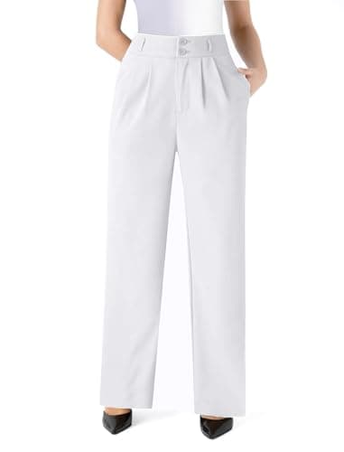JOYCATCH Womens Wide Straight Leg Work Pants Casual Slacks Business Office Trousers Button Dress Pants White - Image 1