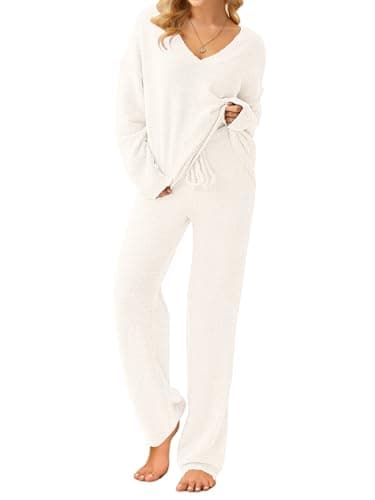NORACORA Womens 2 Piece Fuzzy Fleece Pajamas Lounge Sets Long Sleeve V Neck Fluffy Pjs Matching Loungewear Off-white - Thumbnail 2