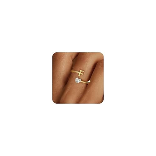 Fezodo Gold Rings for Women Jewelry - 18K Gold Plated Adjustable Ring Letter F Initial Ring Dainty Heart Cubic Zirconia Rings for Women Gold Jewelry Gifts - Image 1