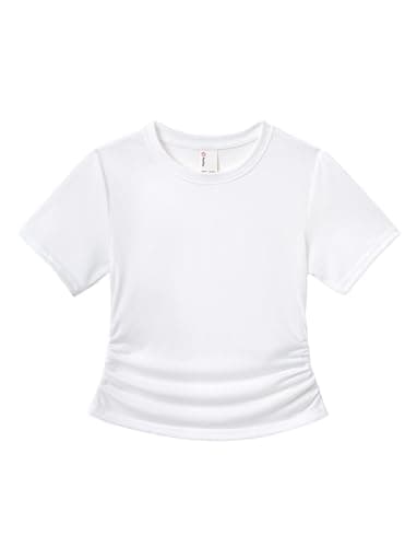 PATPAT Girls Short Sleeve T Shirt Size 5-6 Years White Cute Solid Summer Shirts Toddler Girl Ruched Side Tunic Casual Preppy Tee - Image 1