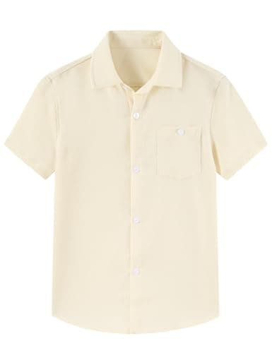 Cozople Boys Beige Button Up Shirt Kids Short Sleeve Solid Color Dress Shirts with Chest Pocket Beach Luau Blouse Tops Casual Camp - Image 1