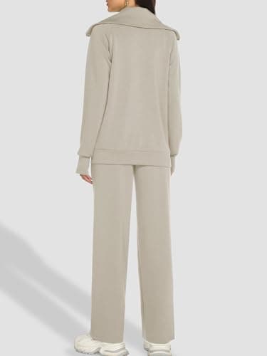 Casly Lamiit Womens 2 Piece Sweatshirt Lounge Sets Casual Long Sleeve Double Zipper Sweatsuit Athletic Jogging Outfits Travel Tracksuit Dark Beige XL - Thumbnail 5