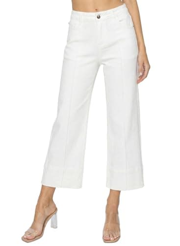 Astylish Women's Stretchy Breathable Straight Wide Leg Jeans Loose High Waist Tummy Control Fashion Casual Flare Capri Ankle Denim Trouser with Vertical Seams Summer Petite White Size 4 - Thumbnail 2