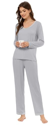 LUBOT Bamboo Viscose Pajamas for Women Soft Breathable Cooling Womens Pajama Set Two Piece PJ Sets Long Sleeve Pants Loungewear Nightwear Sleepwear (Light Gray,XL) - Thumbnail 5