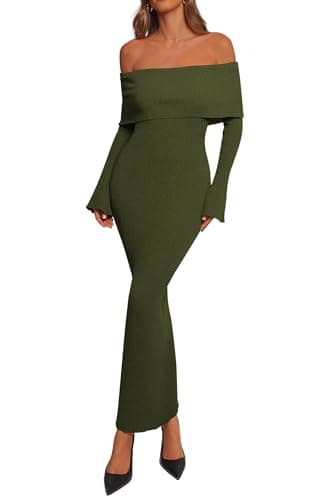 dowerme Women's Off The Shoulder Sweater Dress 2026 Formal Long Sleeve Bodycon Maxi Wedding Guest Dresses Spring Outfits(Army Green,X-Small) - Image 1