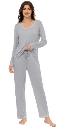 LUBOT Bamboo Viscose Pajamas for Women Soft Breathable Cooling Womens Pajama Set Two Piece PJ Sets Long Sleeve Pants Loungewear Nightwear Sleepwear (Light Gray,XL) - Thumbnail 4