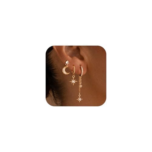 GWH 3 PCS Gold Dangle Earrings for Women - 18K Gold Plated Moon Star Hoop Stackable Cubic Zirconia Chain Dangle Earring Set Stacks Multiple Piercings Jewelry for Women Sensitive Ears Non Tarnish - Image 1