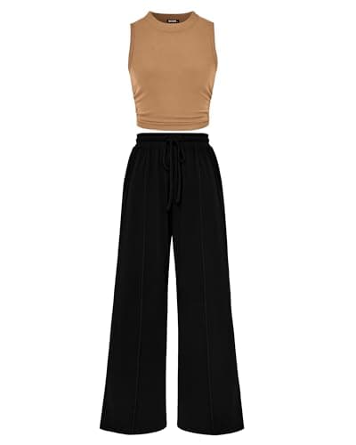BTFBM Summer Outfits For Women 2026 Cropped Sleeveless Tank Tops Wide Leg Pants 2 Piece Sets Beach Lounge Set Clothing(Camel Black, Medium) - Image 1