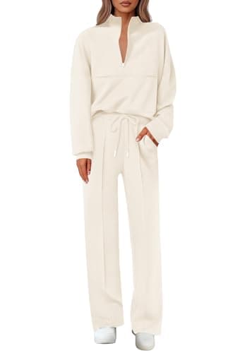 Lazysmile 2 Piece Sets For Women Lapel Half Zip Sweatshirt and Wide Leg Long Pants Sweatsuit Lounge Sets Workout Sets - Image 1